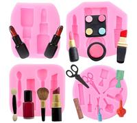RFGHAC Makeup Theme Silicone Moulds Makeup Tools Fondant Moulds Scissors Hair Tools Chocolate Mould Lipstick Mould for Candy Cake Decorating Cupcake Topper Gum Paste Polymer Clay Set of 4