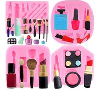 RFGHAC Makeup Tools Silicone Moulds Lipstick Perfume Bottle Fondant Mould Nail Polish Makeup Brush Moulds for Cupcake Topper Polymer Clay Chocolate Gum Paste Cake Decoration Set of 4