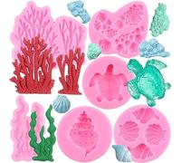 RFGHAC Marine Theme Fondant Moulds Sea Turtle Seashell Conch Coral Silicone Moulds for Cake Decorating Cupcake Topper Chocolate Candy Gum Paste Polymer Clay Set of 6