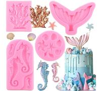 RFGHAC Mermaid Theme Cake Fondant Mould Seahorse Seashell Starfish Sea Coral Mermaid Tail Silicone Mould for Cake Decoration Chocolate Candy Polymer Clay Gum Paste Cupcake Topper Set of 4