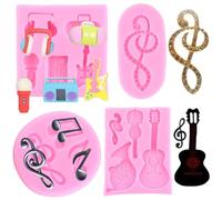 RFGHAC Music Note Fondant Mould 80s Disco Fever Silicone Mould Microphone Radio Guitar Mould Musical Candy Mould for Sugar Cake Decorating Cupcake Topper Chocolate Gum Paste Polymer Clay Set of 4