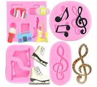 RFGHAC Music Note Silicone Mould Ice Skates Fondant Moulds Boombox Microphone Radio Guitar Mould for Disco Party Cake Decorating Cupcake Topper Candy Polymer Clay Chocolate Gum Paste Set of 4