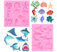 RFGHAC Ocean Shark Fondant Mould Mini Silicone Sea Animal Moulds Seashell Starfish Octopus Turtle Chocolate Candy Mould for Cake Decorating Cupcake Topper Gum Paste Polymer Clay Set of 2