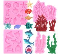 RFGHAC Ocean Shark Fondant Mould Sea Anima Silicone Mould Shell Starfish Octopus Turtle Coral Chocolate Candy Mould for Cake Decorating Cupcake Topper Gum Paste Polymer Clay Set of 4