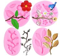 RFGHAC Peach Blossom Shape Moulds Bird Silicone Moulds Tree Branch Leaves Fondant Mould Flower Leaf Mould for Cake Decorating Cupcake Topper Candy Polymer Clay Chocolate Gum Paste Set of 4