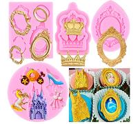 RFGHAC Picture Frames Silicone Mould Cinderella Fondant Mould Baroque Photo Frame Crown Castle Princess Dress Crystal Shoes Moulds For Cake Decoration Cupcake Topper Candy Chocolate Gum Paste Set Of 4