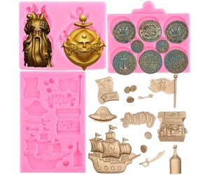 RFGHAC Pirate Silicone Moulds Treasure Chest Coin Chocolate Fondant Moulds Pirate Flag Map Anchor Moulds for Cake Decorating Gum Paste Candy Polymer Clay Set of 3