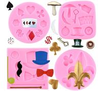 RFGHAC Poker Silicone Moulds Alice Wonderland Hat Fondant Moulds Sieve Playing Cards Chocolate Mould Magic Bow Tie Mustache Candy Mould for Cupcake Cake Decorating Gum Paste Polymer Clay Set of 4