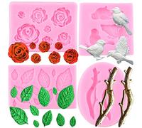 RFGHAC Rose Flower Silicone Mould Bird Fondant Moulds Tree Branch Twig Silicone Mould Rose Leaf Mould for Cake Decoration Cupcake Topper Candy Chocolate Polymer Clay Gum Paste Set of 4