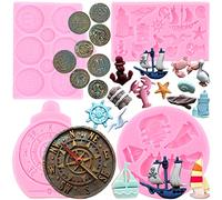 RFGHAC Sailing Ship Silicone Moulds Compass Anchor Rudder Lifebuoy Lighthouse Fondant Moulds Treasure Coins Chocolate Mould for Cupcake Cake Topper Decoration Candy Polymer Clay Set of 4