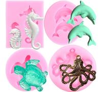 RFGHAC Sea Turtle Seahorse Silicone Moulds Dolphin Octopus Fondant Mould for Tortoise Cake Decorating Cupcake Topper Resin Sugar Candy Chocolate Gum Paste Set of 4