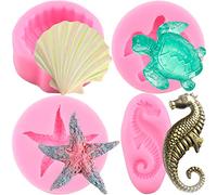 RFGHAC Sea Turtle Silicone Moulds Seashell Starfish Seahorse Fondant Mould Tortoise Chocolate Candy Moulds for Cake Decoration Polymer Clay Gum Paste Set of 4