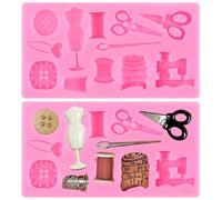RFGHAC Sewing Tools Silicone Moulds Scissors Button Sewing Designer Clothes Fondant Moulds Sewing Machine Mould for Cake Decorating Cupcake Topper Candy Polymer Clay Chocolate Gum Paste Set of 2