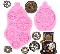 RFGHAC Steampunk Gear Silicone Mould Compass Cogs Gears Teeth Fondant Moulds for Steampunk Travel Themed Cake Decorating Cupcake Topper Candy Chocolate Gum Paste Polymer Clay Set of 2