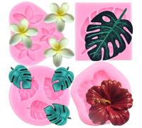 RFGHAC Tropical Leaves Flower Silicone Moulds Plumeria Flower Monstera Leaf Fondant Mould for Cake Decoration Cupcake Topper Polymer Clay Chocolate Gum Paste Set of 4