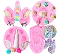 RFGHAC Unicorn Silicone Mould Unicorn Ears Horn Fondant Moulds Rose Flower Candy Mould for Cake Decoration Cupcake Topper Chocolate Candy Gum Paste Set of 4