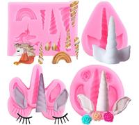 RFGHAC Unicorn Silicone Moulds Unicorn Ears Horn Rainbow Flowers Fondant Moulds for Cake Decorating Cupcake Topper Candy Polymer Clay Chocolate Gum Paste Set of 4