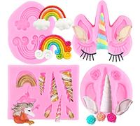 RFGHAC Unicorn Silicone Moulds Unicorn Horn Ears Rose Flower Rainbow Fondant Mould for Cake Decorating Cupcake Topper Chocolate Candy Polymer Clay Gum Paste Set of 4