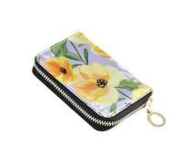 RFID Blocking Card Holder Cute Leather Womens Wallet Small Zipper Travel Wallet with Key Ring Yellow Orange Floral Purple