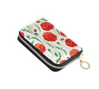 RFID Blocking Card Holder Cute Women Wallet Zip Around Leather Coin Purse Wallet with Zipper Vivid Red Poppy Flowers White