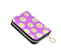 RFID Blocking Card Holder Cute Zip Around Womens Wallet Leather Zipper Change Purse with Key Ring Daisy Flowers Purple Lavender