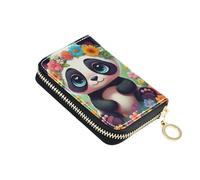 RFID Blocking Credit Card Holder Leather Wallet for Women Zip Around Zipper Coin Purse with Key Ring Cute Panda Bear Floral