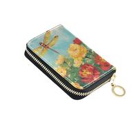 RFID Blocking Credit Card Holder Wallet for Women Zip Around Small Zipper Wallet with Coin Pocket Vintage Dragonfly Flowers Yellow Red