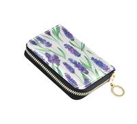 RFID Blocking Credit Card Holders Wallet for Women Zip Around Small Travel Cash Wallet with Coin Pocket Cartoon Lavender Flowers Green Leaves