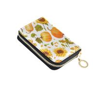 RFID Blocking Credit Card Holders Womens Wallet Small Zip Around Zipper Coin Purse with Key Ring Autumn Pumpkins Sunflowers Orange