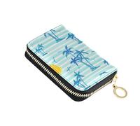 RFID Blocking Credit Card Wallets Cute Small Wallet Womens Leather Travel Wallet with Zipper Cartoon Palm Trees Blue