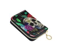 RFID Blocking Credit Card Wallets Cute Zip Around Womens Wallets Leather Zipper Coin Purse with Key Ring Funny Skulls Flowers Red