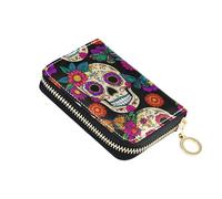 RFID Blocking Credit Card Wallets Small Wallet Women Leather Travel Wallet with Zipper Colorful Sugar Skulls Flowers Black