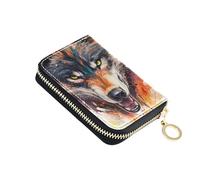 RFID Blocking Credit Card Wallets Wallets for Women Leather Small Coin Purse Pouch with Zipper Colorful Angry Wolf Painting