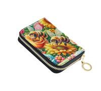 RFID Blocking Credit Card Wallets Women's Wallet Small Leather Zipper Change Purse with Key Ring Cute Bees Colorful Flowers