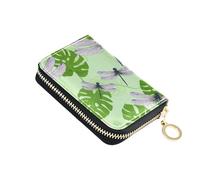 RFID Blocking Credit Card Wallets Women's Wallets Zip Around Small Travel Cash Wallet with Coin Pocket Dragonflies Green Leaves Floral