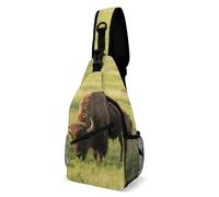 Rfid Blocking Crossbody Sling Bag for Women Men, Bison Eats Grass Travel Sling Handbags Backpack, Shoulder Bags, Chest Bag Pack Man Purse, Casual Daypacks for Hiking Running Cycling-Black