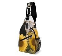 Rfid Blocking Crossbody Sling Bag for Women Men, Cow Sunflowers Travel Sling Handbags Backpack, Shoulder Bags, Chest Bag Pack Man Purse, Casual Daypacks for Hiking Running Cycling-Black