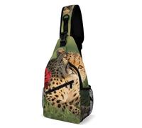 Rfid Blocking Crossbody Sling Bag for Women Men, Red Rose Cheetah Travel Sling Handbags Backpack, Shoulder Bags, Chest Bag Pack Man Purse, Casual Daypacks for Hiking Running Cycling-Black