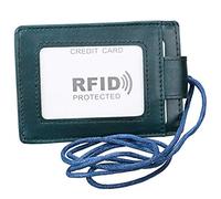 RFID Blocking ID Badge Holder, Aileder 2-Sided Vertical Genuine Leather Credit Card Holder Wallet with 1 ID Window, 3 Card Slots and Neck Lanyard/Strap (Dark Green)