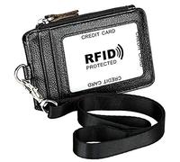 RFID Blocking ID Badge Holder, Aileder 2-Sided Vertical Genuine Leather Credit Card Holder Wallet with 1 ID Window, 4 Card Slots, 1 Side Zipper Pocket and Removable Neck Lanyard/Strap