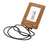 RFID Blocking ID Badge Holder, Aileder 2-Sided Vertical Genuine Leather Credit Card Holder Wallet with 1 ID Window, 3 Card Slots and Neck Lanyard/Strap (Tan)