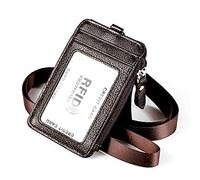 RFID Blocking ID Badge Holder, Aileder 2-Sided Vertical Genuine Leather Credit Card Holder Wallet with 1 ID Window, 4 Card Slots, 1 Side Zipper Pocket and Removable Neck Lanyard/Strap