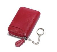 RFID Blocking Leather Wallet Excellent Genuine Leather Credit Card Holder Ladies Small Blocked Accordion Wallets with Stainless steel Zipper Compact Accordian ID Cards Bag with Keyring Wine Red