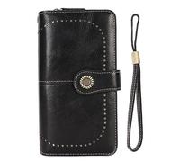 RFID Blocking Leather Wallet for Women, Large Capacity Double Snap Button Wallet with Removable Wrist Strap, Gold Metal Zipper Coin Pocket for Daily Use and Travel (Black)