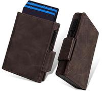 RFID Blocking Wallet for Men, Minimalist Mens Wallet with Pop up Aluminum Case, Compact Metal Credit Card Holder with Id Window, Money Clip Slim Leather Slots for Front Pocket (Coffee)