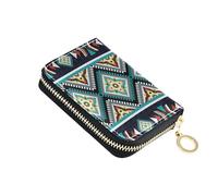 RFID Credit Card Holder Wallets Geometric Diamond Teal for Women, Ethnic Leather Zipper Card Case Accordion Wallet for Ladies Gift