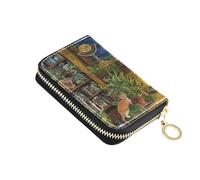 RFID Credit Card Holder Wallets Vintage Bookshelves Cat for Women, Plants Herbs Leather Zipper Card Case Accordion Wallet for Ladies Gift