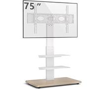 RFIVER Wooden Base Floor TV Stand with mount for 32-75 Inch LED OLED LCD Plasma Flat Curved Screens, Height Adjustable with 3-Tier Shelves, Max VESA 600x400mm hold up to 50KG, White