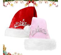 RFJYGWQM 2 Pack Christmas Santa Hat With Crown- Festive Xmas Party Hats For Women Girls & Adults Soft Plush Felt Holiday Headwear For Christmas & New Year (Red & Pink)