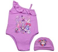 RFJYGWQM Cartoon Circus Girls Swimming Costume, Cute Circus Swimsuit, Digital Circus Swimsuit Ruffle Bathing Suit with Cap for Kids Swimsuit Pool Beach Holiday Bathing 3-6 Years Pink